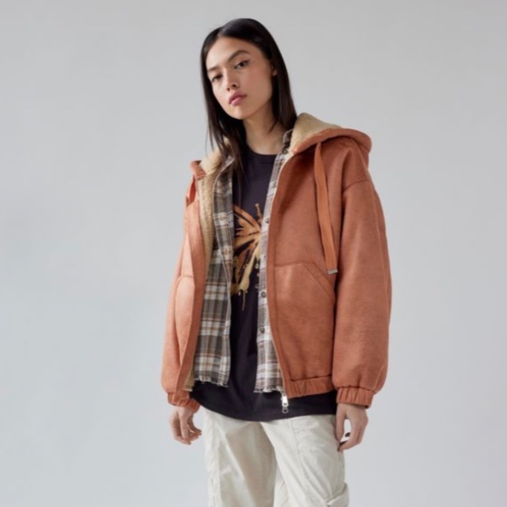 NWT URBAN OUTFITTERS Women UO Casey Faux Suede Zip-Up Hoodie Jacket Orange S